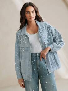 Anewsta Elaire 时尚休闲水洗做旧牛仔夹克，带铆钉和串珠装饰 - 淺色水洗藍 - 查看 7