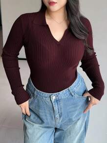 Dazy Plus Valentine Plus Size Solid Color V-Neck Elastic Bodycon Long Sleeve Wine Red Sweater Fall - Burgundy - View 8