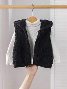 SHEIN Babygirl 可爱百搭黑色蓬松连帽背心外套，秋冬休闲装 - 黑色 - 查看 7