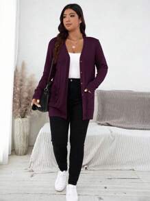SHEIN LUNE Plus Size Women's Solid Color Fall Sweater Cardigan With Pockets Holiday Plus Size Cardigan,Fall Clothes For Women Autumn - Maroon - View 5