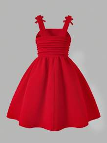 Elladie kids 年轻女孩优雅纯色 3D 丝带装饰荷叶边肩带中长连衣裙，适合派对、返校季、春夏季 - 紅色 - 查看 2