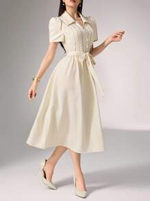 Heiryn Women's Plain Color Puff Sleeve Contrast Lace Elegant Mid-Length Dress