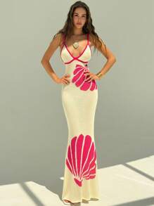 Aloruh Women's Romantic Shell Embroidered Knit Colorblock Sweater Dress, Spring/Summer, Vacation Sexy Dress - Beige - View 2