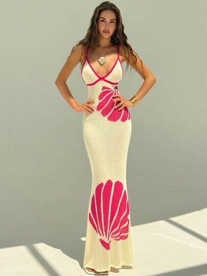 Aloruh Women's Romantic Shell Embroidered Knit Colorblock Sweater Dress, Spring/Summer, Vacation Sexy Dress