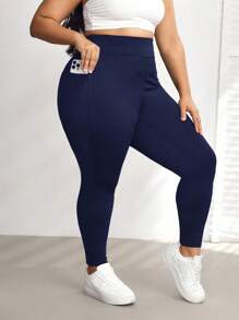 SHEIN CURVE+ Plus Size Side Pocket Sports Yoga Elastic Slim Leggings, Breathable Fabric, Summer Casual Long Plain Leggings For Women