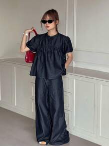 Dazy Kids 少女圆领泡泡袖褶饰上衣和宽腿宽松牛仔套装 - 深色水洗藍 - 查看 7