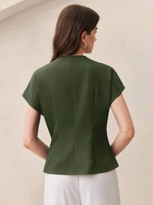 BizChic 2025 Autumn New Sage Green Metal Button V-Neck Short Sleeve Women's Blouse, Modern Elegant Urban Romantic Refined Rustic Music Festival Vintage Style, Airport Travel Wedding Guest Birthday Halloween Business Casual Office Date Party Outing Back To School Fall - Army Green - View 5