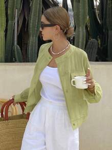 Livesso Women Casual Outdoor Solid Color Loose Stand Collar Long Sleeve Jacket, Thin Summer Windbreaker - Green - View 7