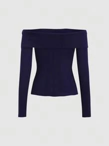 Sweetra Women Autumn Casual Solid Color Foldover Off Shoulder Fitted Pullover Sweater Knit Pullover Fall Winter - Royal Blue - View 3