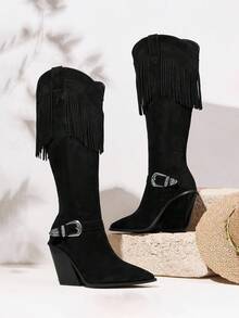 Styleloop Giày bốt cao cổ màu đen chắp vá dành cho nữ, giày bốt cao bồi, giày bốt gót cao, giày bốt mũi nhọn, phù hợp cho lễ Halloween, Giáng sinh, trang phục mùa thu, giày bốt đen, giày bốt nữ, giày bốt cao bồi, giày bốt cốt lõi - màu đen - Xem 4
