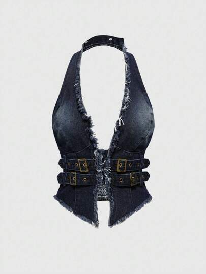 Hippie Street-Style Distressed Denim Crop Top With Fringe, Zipper & Letter Buckle Belt For Women