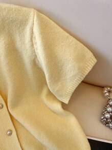 Franclia 女士经典长款优雅简约百搭休闲短袖开衫毛衣，办公室穿着 - 黃色 - 查看 6