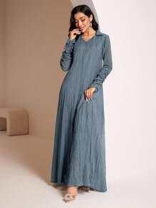 Veilorie Conservative Casual Collared Ruched Sleeve Dress, Women Arabic Style Long Dress - Blue - View 7