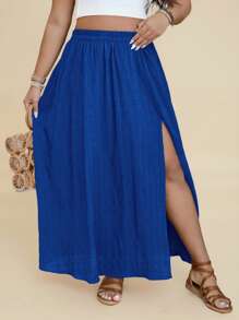 Travachic Falda casual de talla grande para mujer, de cintura elástica, unicolor simple, con abertura alta, para vacaciones