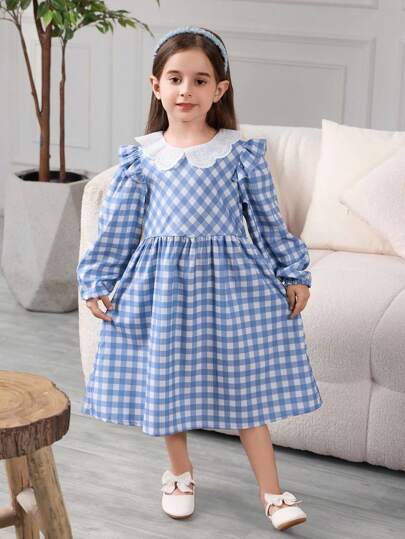 Young Girls Plaid Peter Pan Collar Long Sleeve Dress Blue And White Gingham Dress