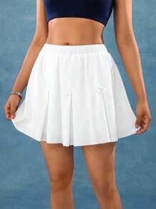 Hanevo Women's Solid Color Elastic Waist Bow Decor Pleat Skirt, Fashionable - White - View 3