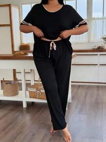 SHEIN 加大码柔软亲肤撞色休闲睡衣套装 - 黑色 - 查看 4