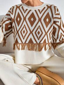 EURMUSE Plus Size Casual Crew Round Neck Ikatt Jacquard Pattern Color Block Fringe Detailed Sweater & Wide Leg Solid Color High Waist Welt Pocket On The Back 2 Piece Knit Set For Fall Wİnter Women - Multicolor - View 3