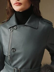 SHEIN X Jwoww Anewsta 灰色渐变拉链可拆卸兔毛领腰部收紧袖口皮夹克，适合秋季、冬季、外出、优雅、正式、派对、别致、新年、女士冬季外套、圣诞节、工作、毕业 - 灰色 - 查看 5