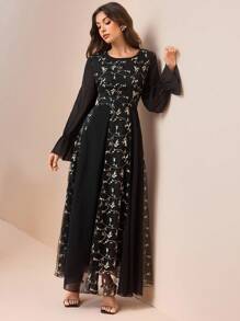 Modelyn 女式网眼刺绣拼布雪纺长袖喇叭连衣裙 - 黑色 - 查看 7