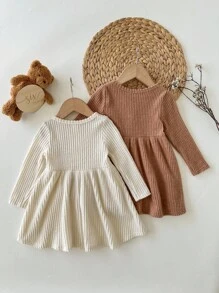 SHEIN 2 件 Babygirl 可爱休闲纯色针织长袖连衣裙，秋冬
