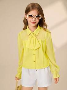 Tween Girls Chiffon Yellow Polo Collar Shirt And Casual Pants Set, European And American Street Style, Suitable For Spring/Autumn - Multicolor - View 1