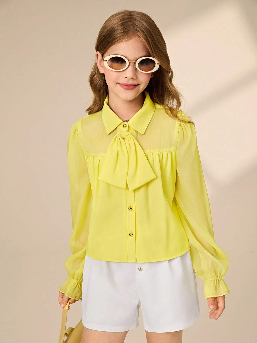 Tween Girls Chiffon Yellow Polo Collar Shirt And Casual Pants Set, European And American Street Style, Suitable For Spring/Autumn - Multicolor - View 1