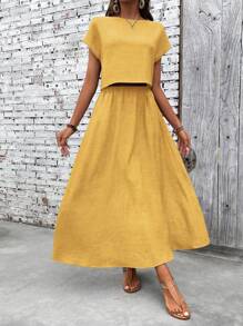 EMERY ROSE 2pcs Women Vacation Casual Solid Color Blouse And Mini Skirt Set