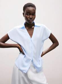 Lumivelle Elegant Blue And White Striped V-Neck Short-Sleeved Women's Summer Shirt - Blue - View 4