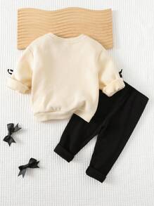 Cozy Pixies 2件套女婴装饰蝴蝶结针织柔软圆领长袖运动衫和松紧腰长裤套装 女婴保暖套装 婴儿休闲套装 女婴冬装 女婴秋冬装套装 婴儿蝴蝶结套装 - 杏色 - 查看 2