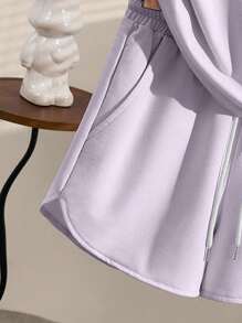 INAWLY 女士休闲纯色T恤和短裤套装，夏季 - 紫色 - 查看 3