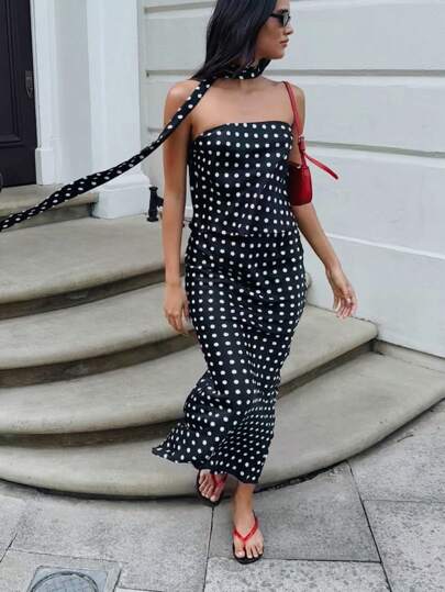 AiiRZ 波尔卡圆点套装两件套吊带露脐上衣和超长裙夏季度假海滩派对晚装