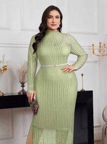 Modelyn Plus Size Elegant Solid Color Lace Dress, Autumn Long Evening Dresses - Green - View 6