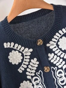 CosyJoli Plus Size Casual Embroidered Round Neck Sweater Cardigan In Fall/Winter - Navy Blue - View 3