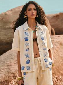 Poéselle 女式夏季海滩贝壳印花纽扣前短袖衬衫