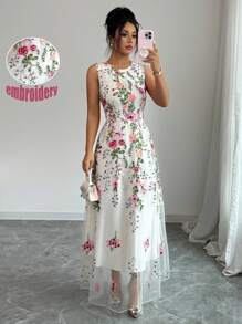 Elenzga Đầm Maxi Không Tay Cinched Eo Thêu Hoa Lưới Cho Nữ - Nhiều màu - Xem 3