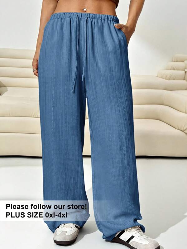 SHEIN EZwear Plus Size Women Blue Woven Loose Fit Long Pants
