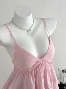 Elamini 女式夏季休闲蕾丝边娃娃领吊带上衣 - 粉色 - 查看 3