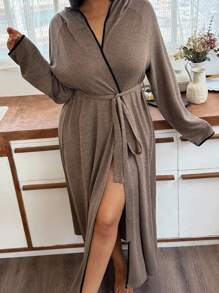 SHEIN 柔软针织连帽家居服，大码休闲浴袍，睡衣舒适优雅，适合秋冬季节穿着。 - 咖啡棕 - 查看 6