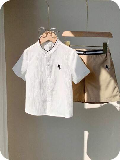 SHEIN 2 件/套年轻男孩舒适领子拼布撞色休闲时尚日常百搭衬衫和编织短裤套装，适合春夏季、日常穿着、运动、户外、学校、派对、度假、摄影