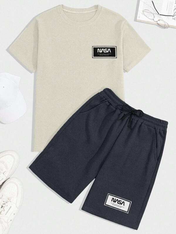 EURMUSE Conjunto de camiseta regular y pantalón corto de 100% algodón con tela de gofre y estampado de letras para hombres