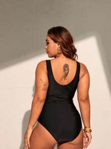 Swim Lushoire Plus Size Women's Summer Beach Vacation Style Patchwork Print Cross Wrap One-Piece Swimsuit - Black and White - View 2