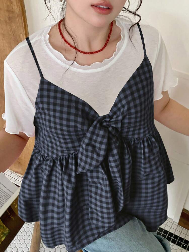 Dazy Plus Plus Size Solid Color Round Neck White Top With Plaid Strap, 2pcs Set