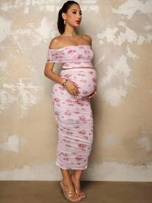 MaterniChic 孕妇优雅花卉印花露肩短款上衣和修身褶饰半身裙两件套，夏季 - 粉色 - 查看 4