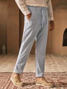 Manfinity VCAY Men's Casual Woven Striped Mid-Waist Tapered Pants - Blue and White - View 4