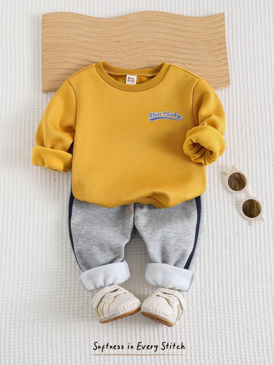 Cozy Pixies Bộ 2 món/Bộ áo nỉ dài tay cổ tròn in chữ hoạt hình cho bé trai kèm quần cạp chun co giãn màu tương phản - Nhiều màu - Xem 1