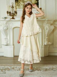 Hapijoa 女童加大蕾丝拼布不对称下摆上衣和裙子套装，夏季 - 杏色 - 查看 2