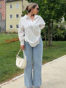 Jeta Ari 斜口袋休闲高腰阔腿牛仔裤 - 淺色水洗藍 - 查看 6