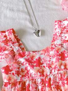 SHEIN Tween Girls' Casual Simple Comfy Square Neck Floral Print Cap Sleeve Shirt