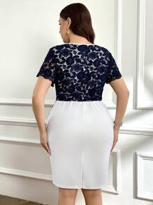 Ellevyn Đầm ren tương phản cổ tròn tay ngắn thanh lịch cho nữ cỡ lớn - Xanh và trắng - Xem 9